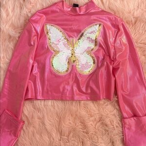 Pink Sequin Butterfly Crop Top